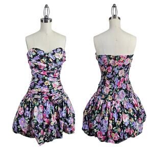 Vintage 80s Strapless Dress Multi Floral Bubble Skirt Romantic Party Prom
